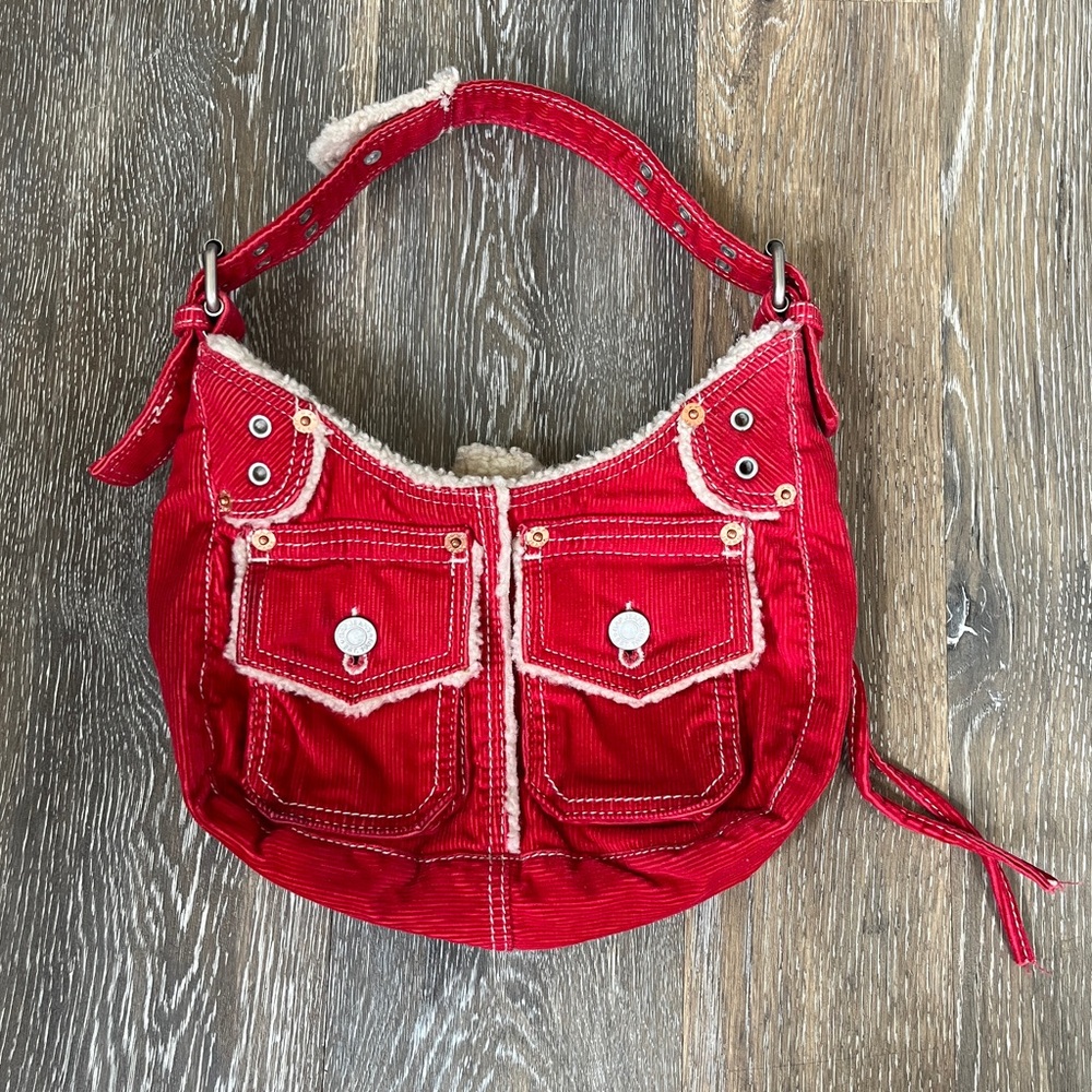 GAP Red Corduroy Shoulder Bag with Sherpa Trim